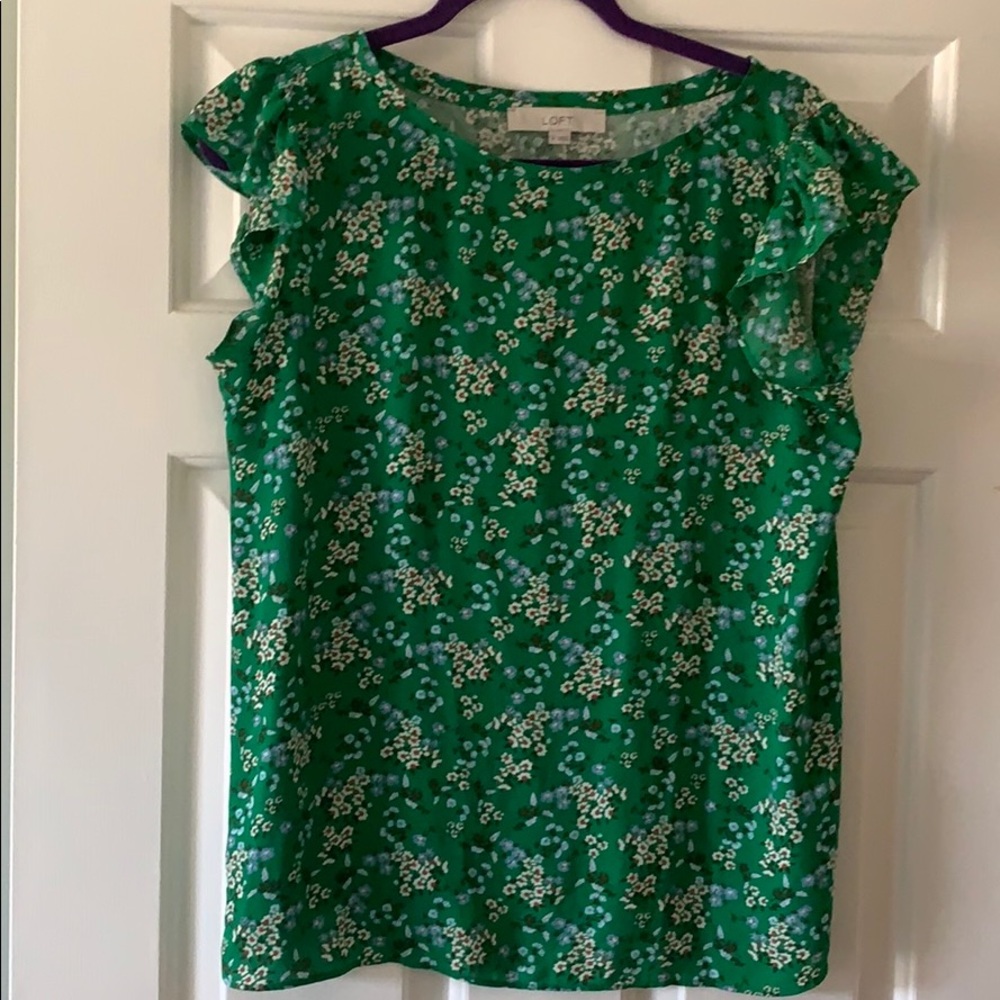Loft Green & Flower Blouse Size M